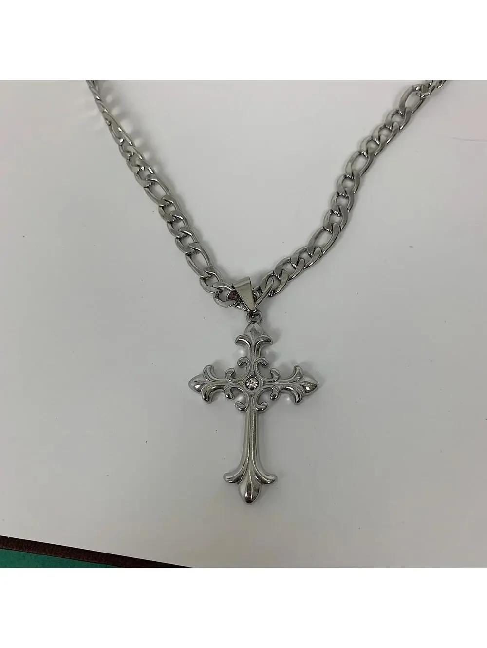 Y2k style Silver Figaro Big Gothic Rhinestone Cross Pendant Necklace. Stainless